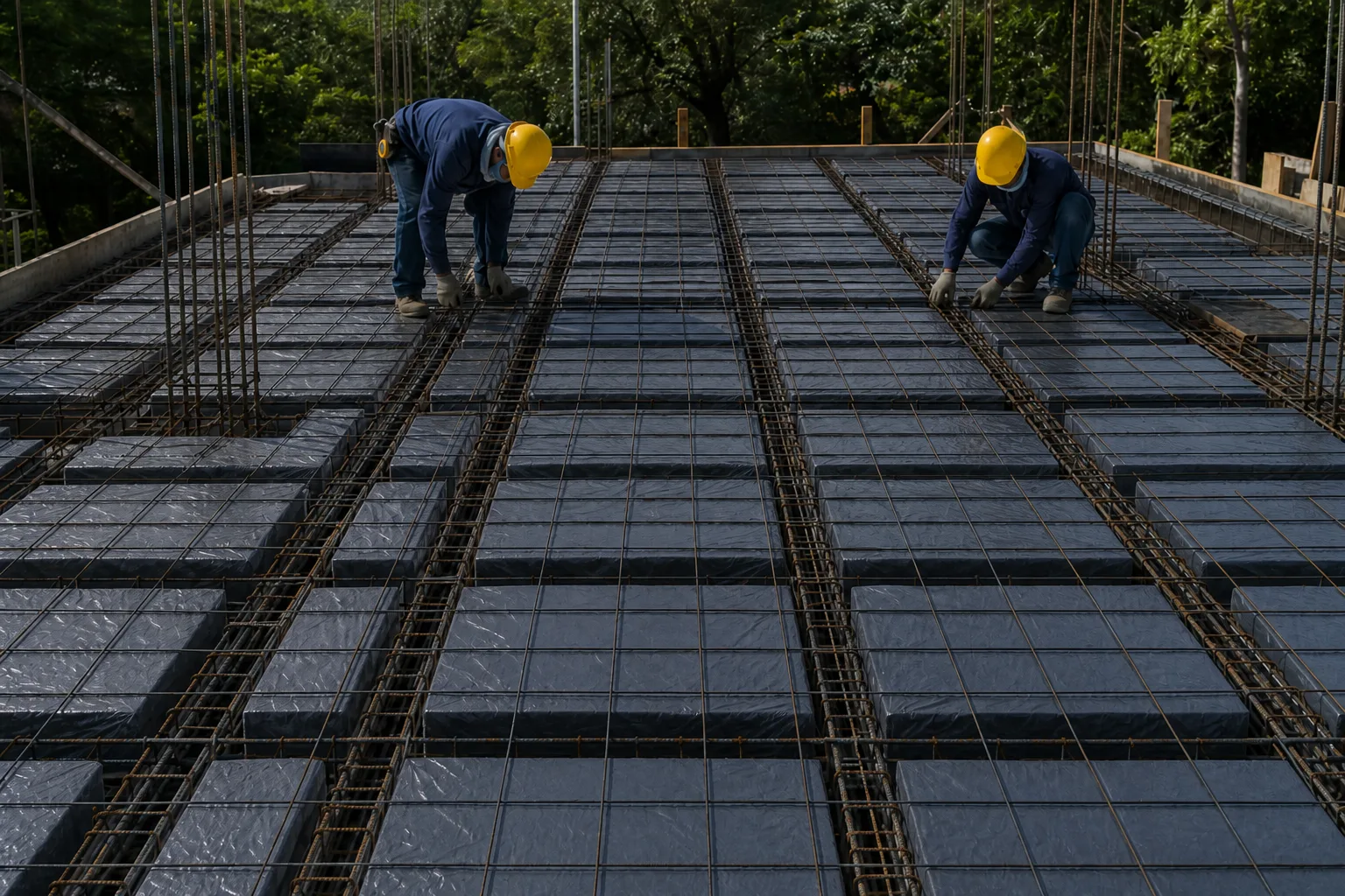 Casetones perdidos de poliestireno expandido dispuestos en una losa